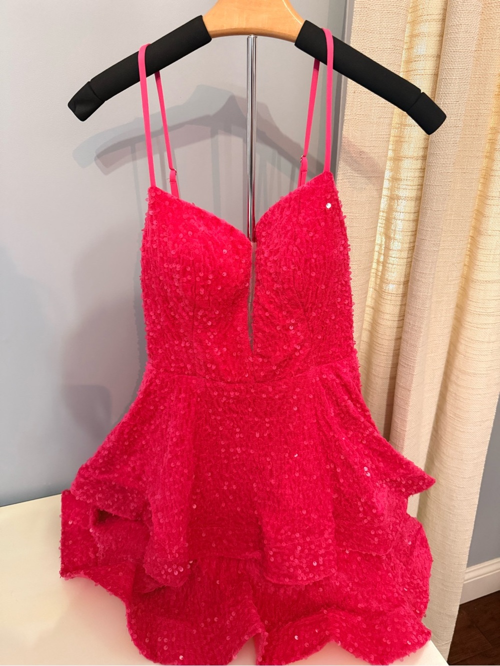 Hot Pink Sequin Prom Dress with Spaghetti Straps